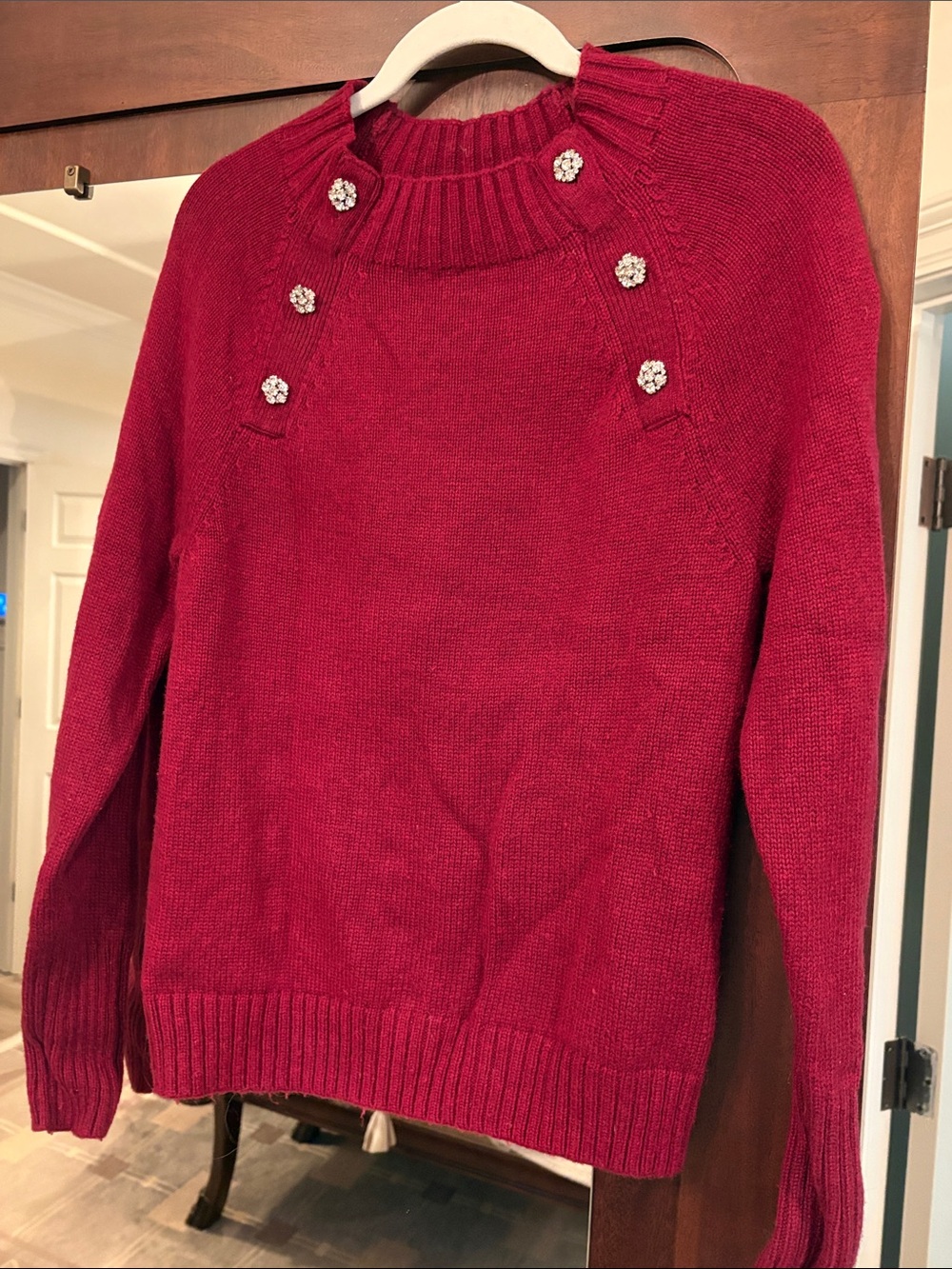 Garnet Red Crystal-Button Knit Sweater